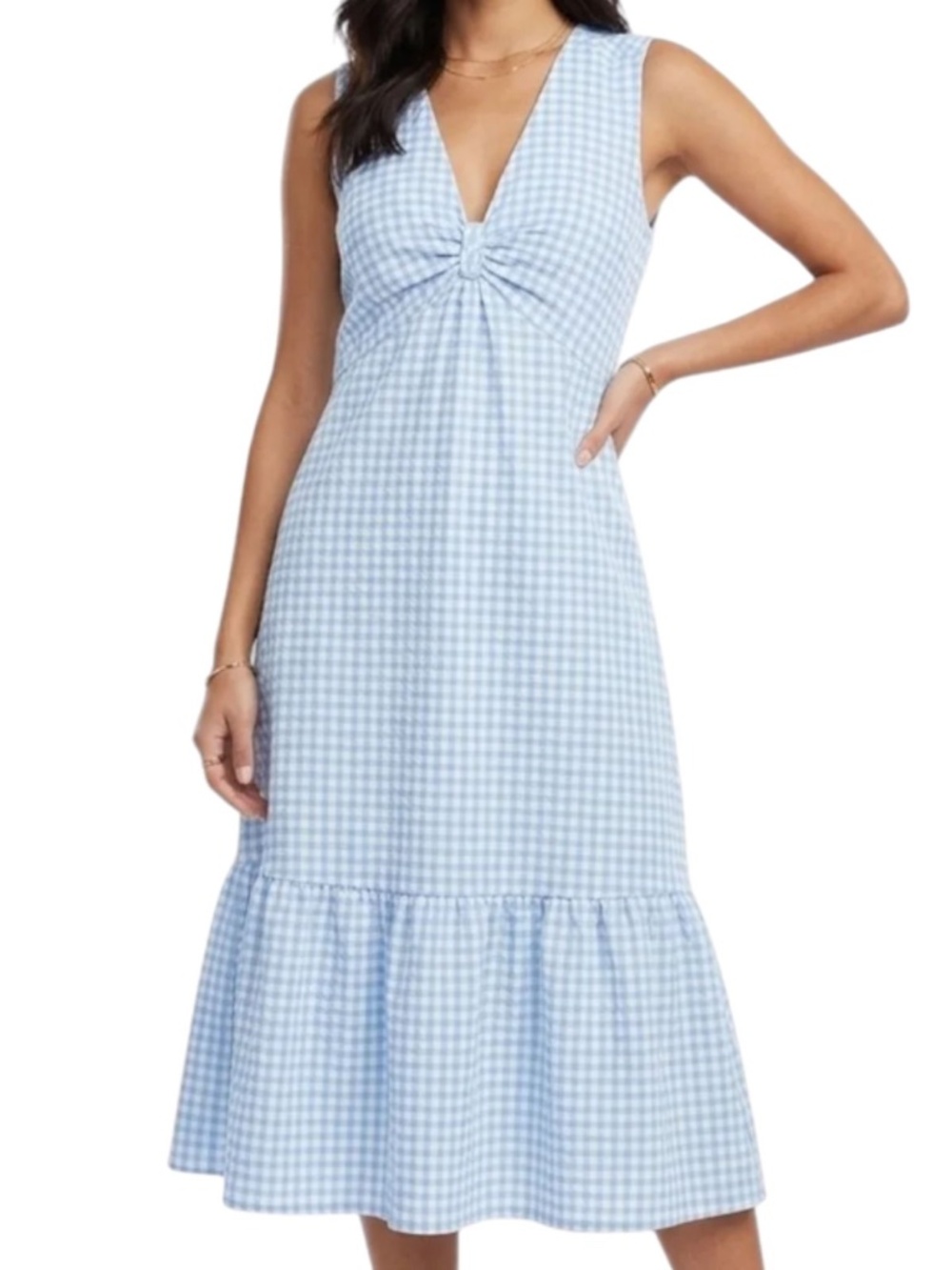 Calvin Klein Blue White Gingham Midi Dress Bow Front Sleeveless Size 6